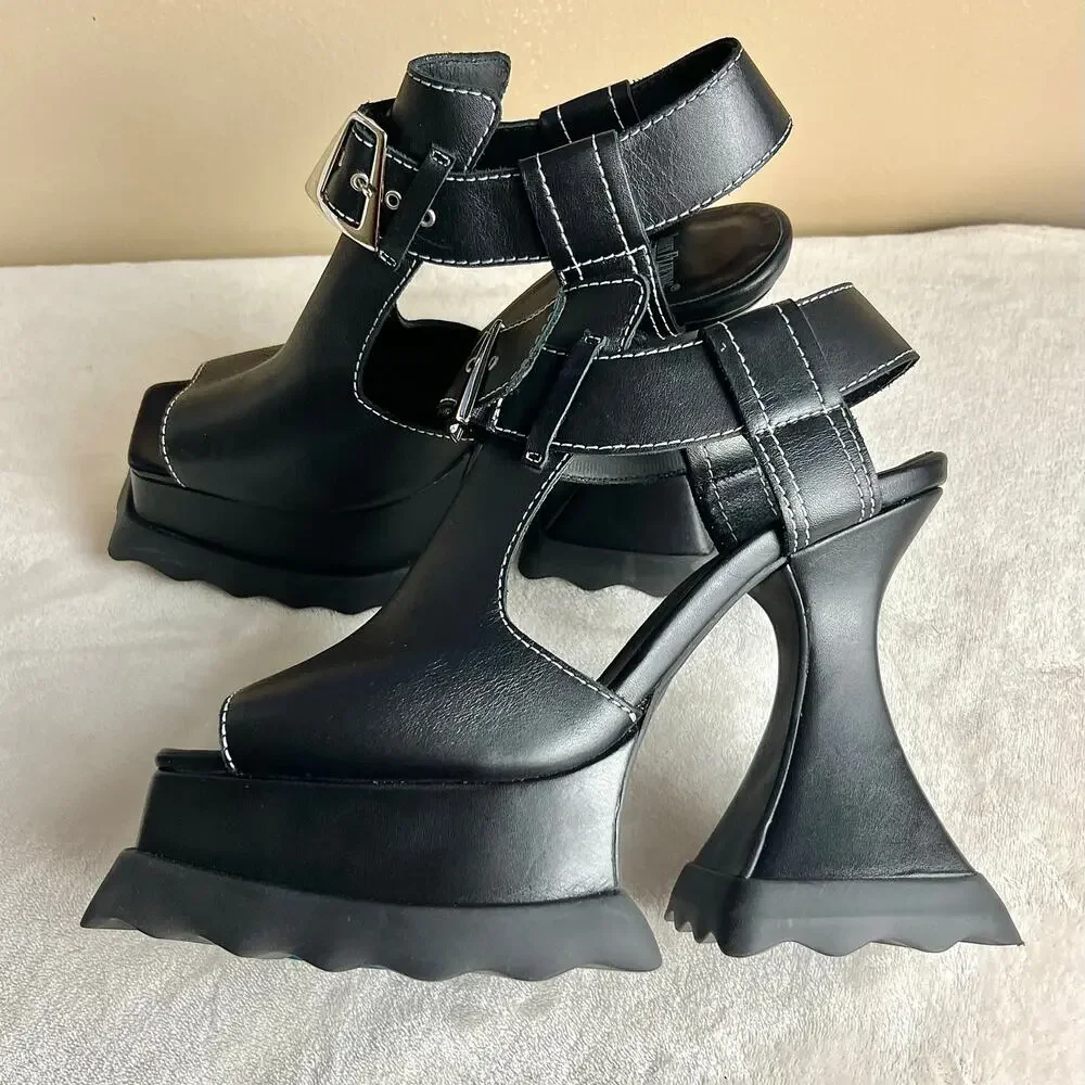 John Fluevog Munster Max Daisy T-Strap Platform Heels in Black